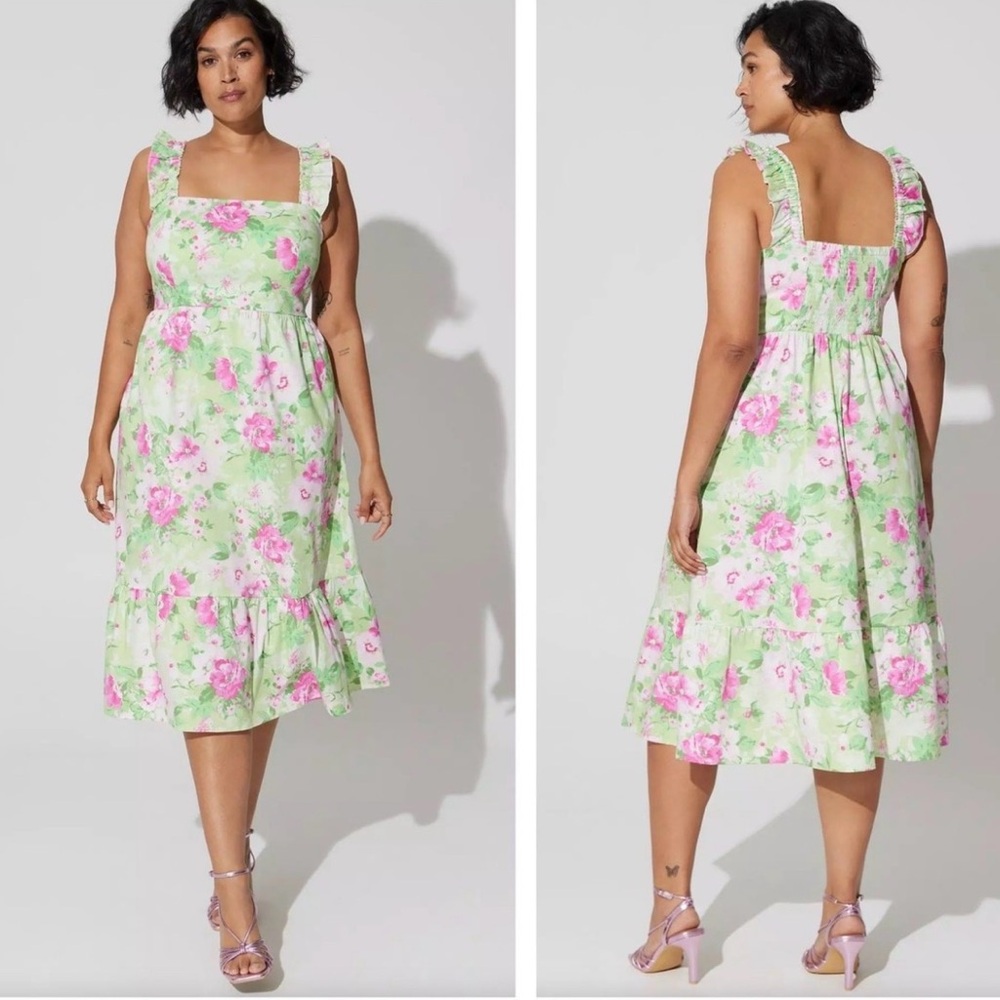 TORRID MIDI Poplin Tiered Ruffle Strap Midi Dress Floral Green Pink Torrid 1(1X)